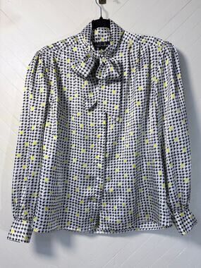 Vintage David Matthew Black and Yellow Houndstooth Tie Neck Blouse Women's 10